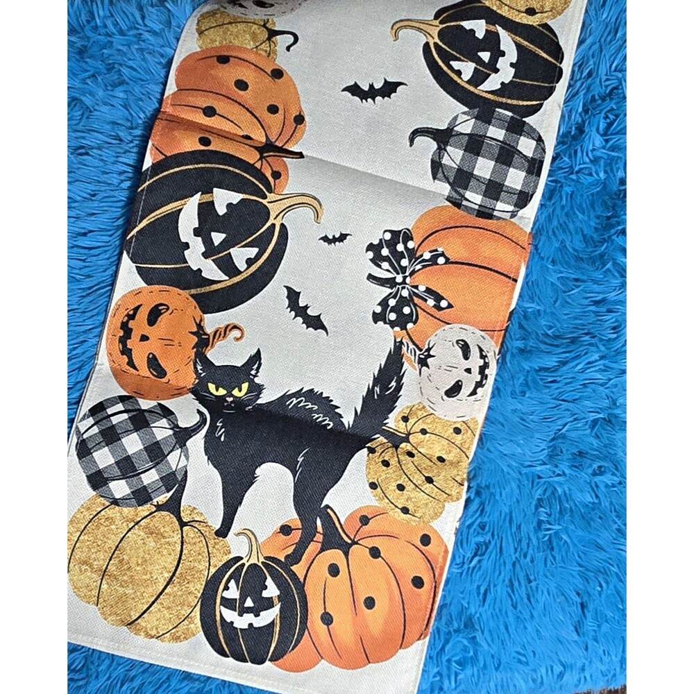 Halloween Harvest Holiday 13" x 72" Table Runner Biege Pumpkin Black Cat